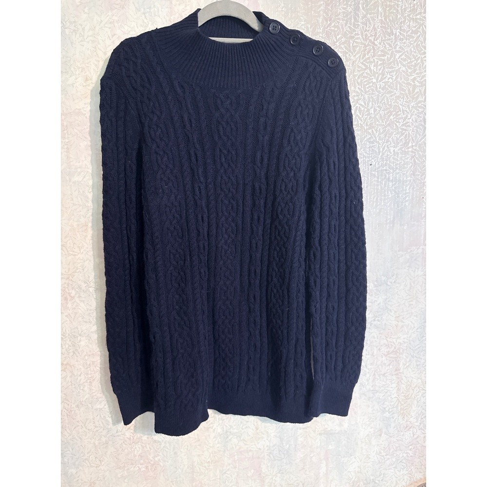 Talbots Navy Blue Cable Knit Angora Blend Button Shoulder Mock Neck Sweater L